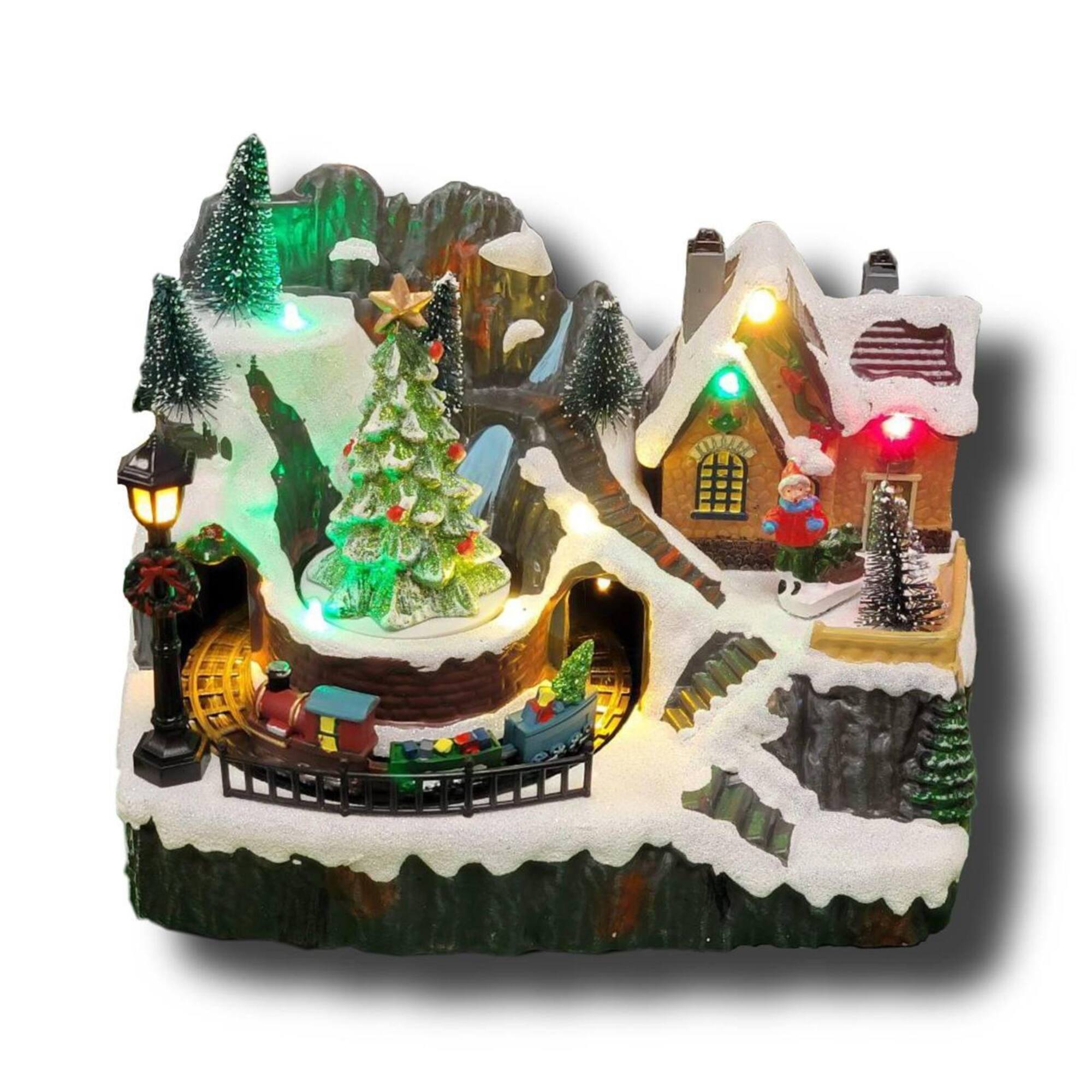 Wizardi 12" Christmas Village Snow Mountain with Hut & Animated Train